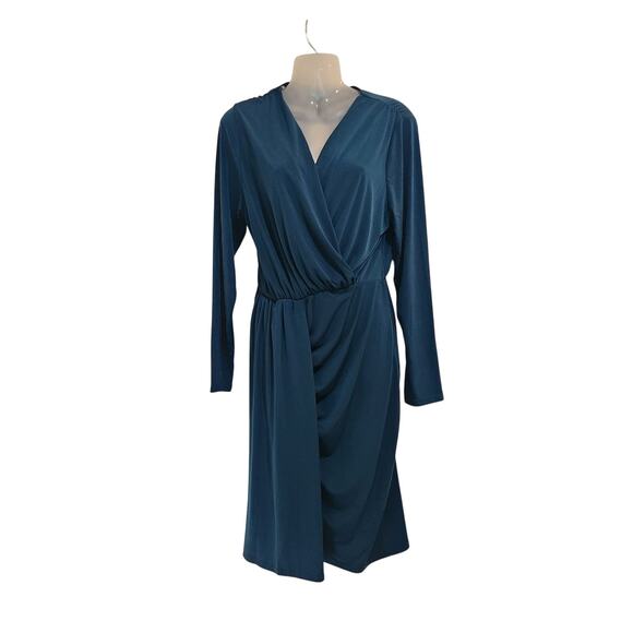 Fashion To Figure Long Sleeve Drape Front Midi Dress Faux Wrap Stretch Blue XL - Picture 1 of 11